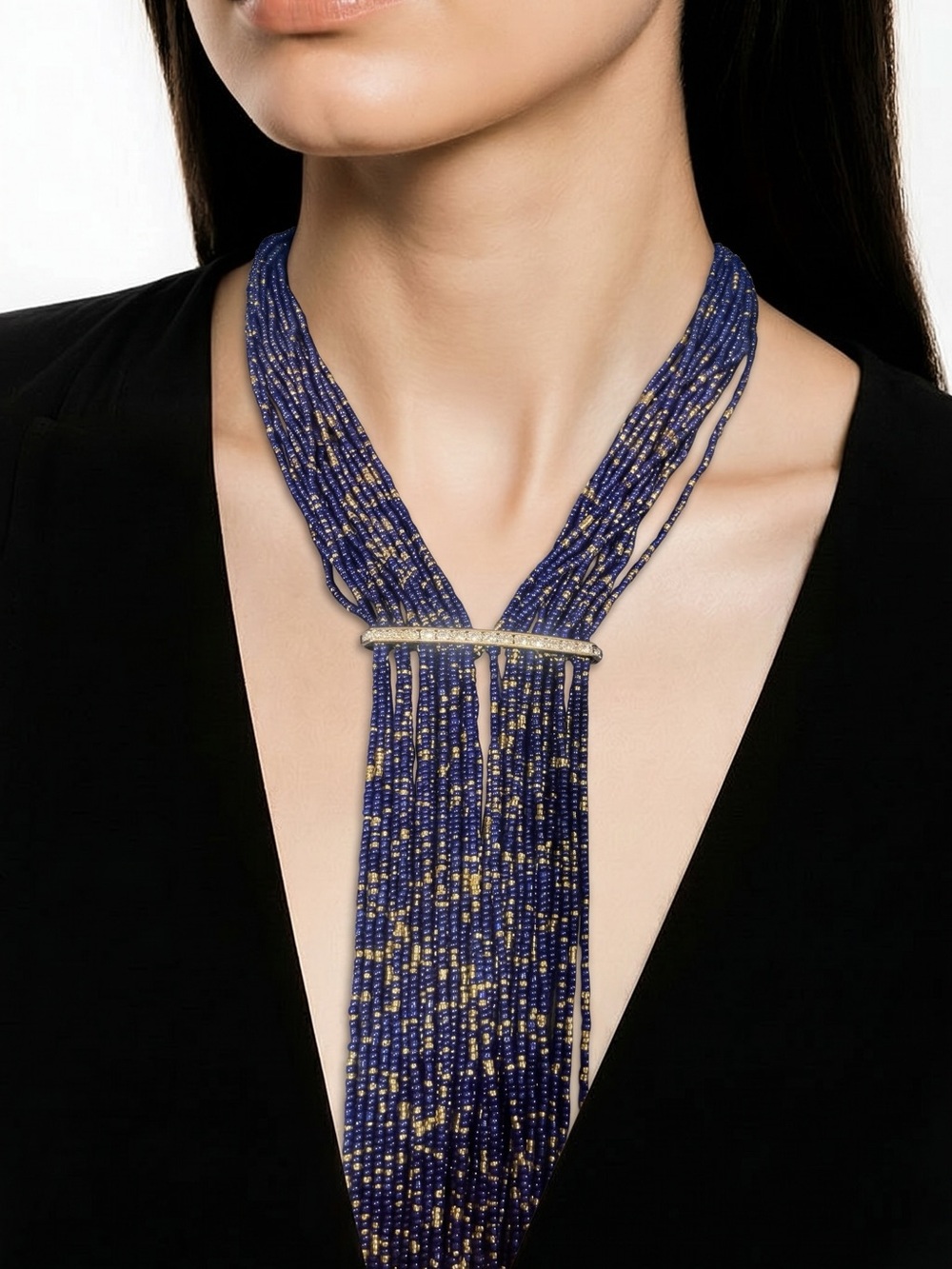 Multi-Strand Navy Beaded Necklace with Gold Accents